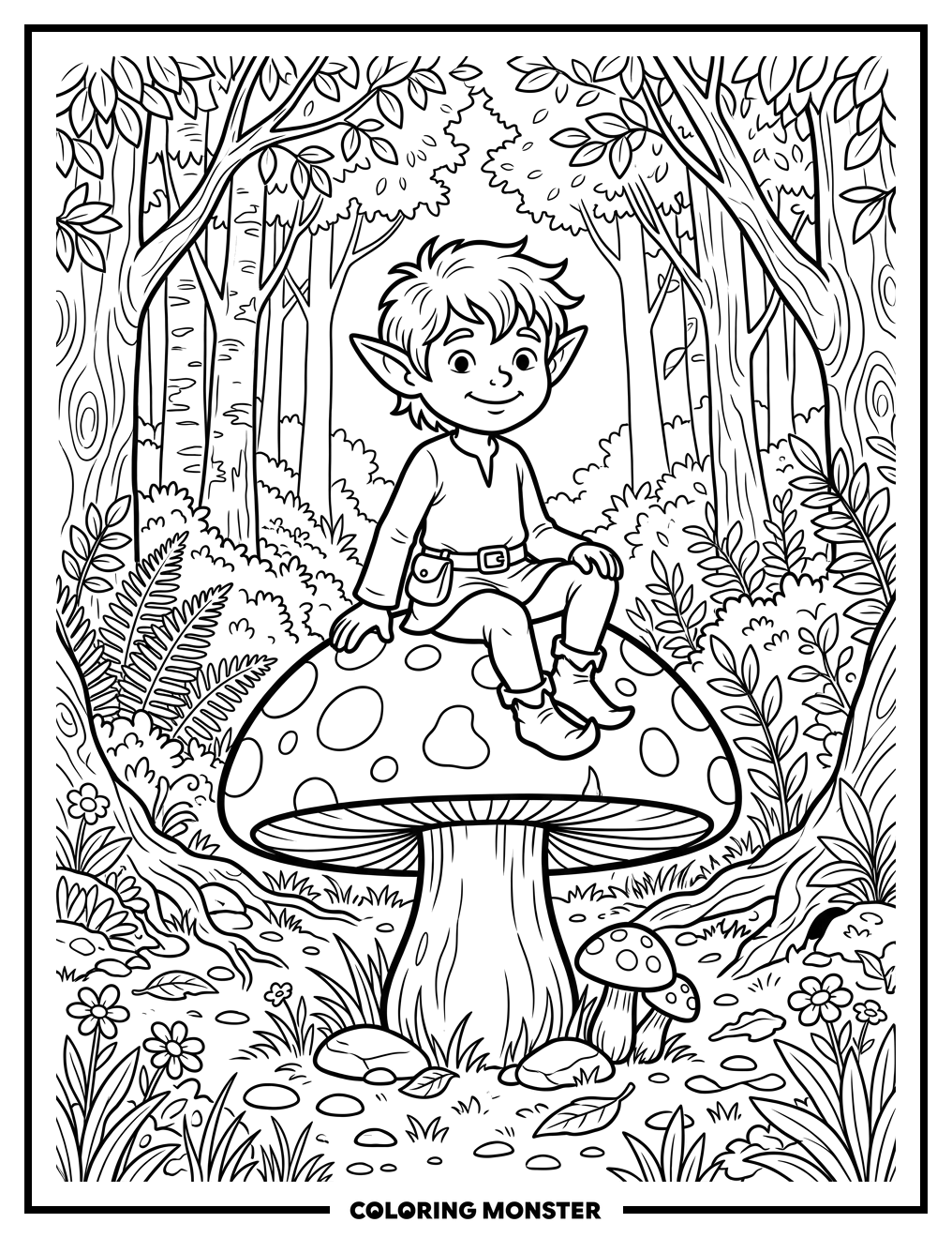 Elf on A Mushroom Coloring Page
