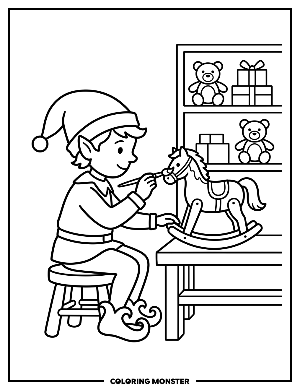 Elf Painting a Rocking Horse Coloring Page