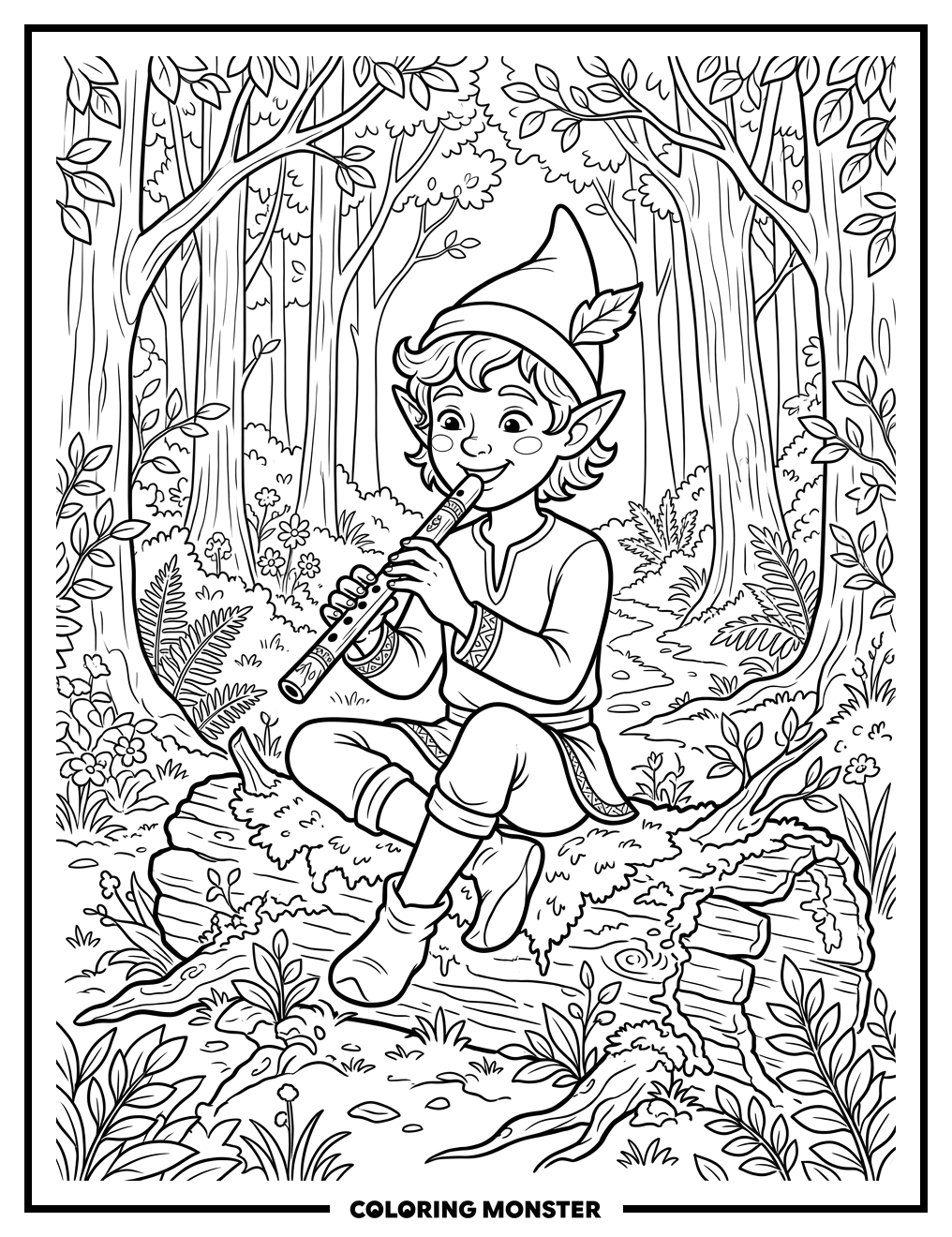 Elf Playing Flute in Forest Coloring Page