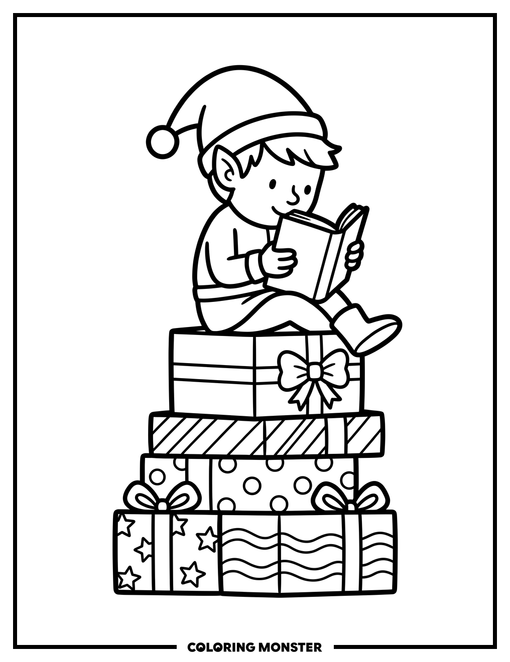 Elf Reading on Presents Coloring Page