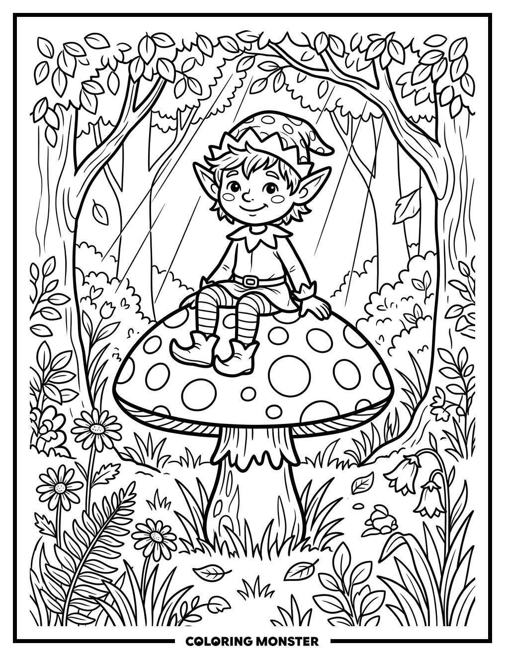 Elf Resting On Mushroom Coloring Page