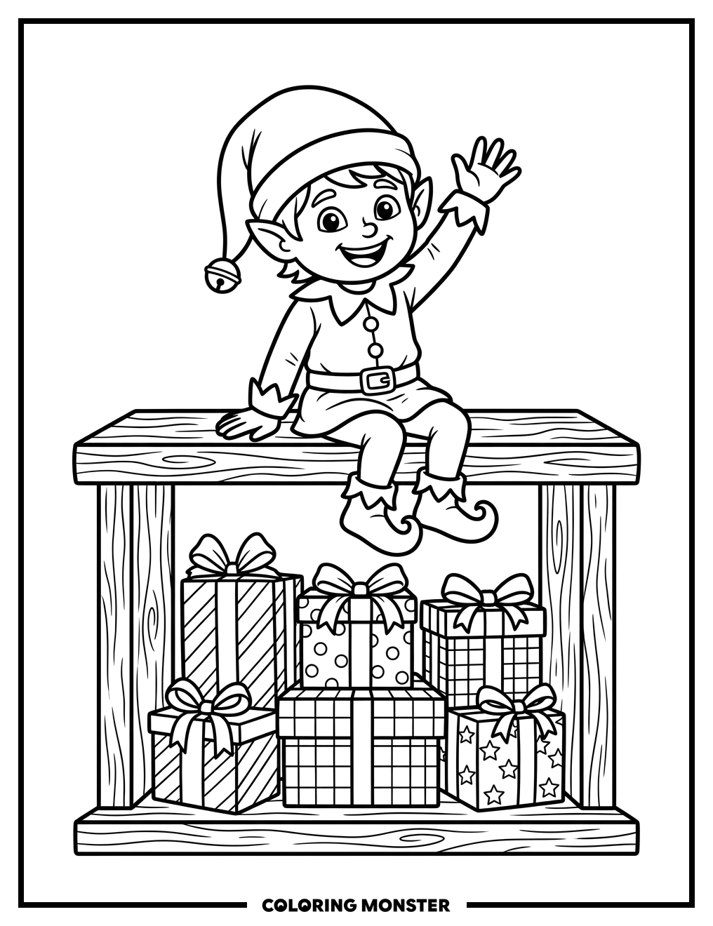 Elf Waving From A Shelf With Presents Coloring Page