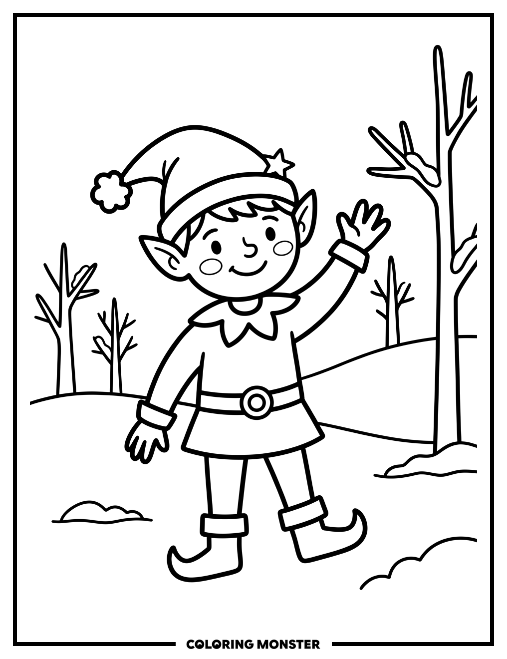 Elf Waving Hello In Snowy Landscape Coloring Page