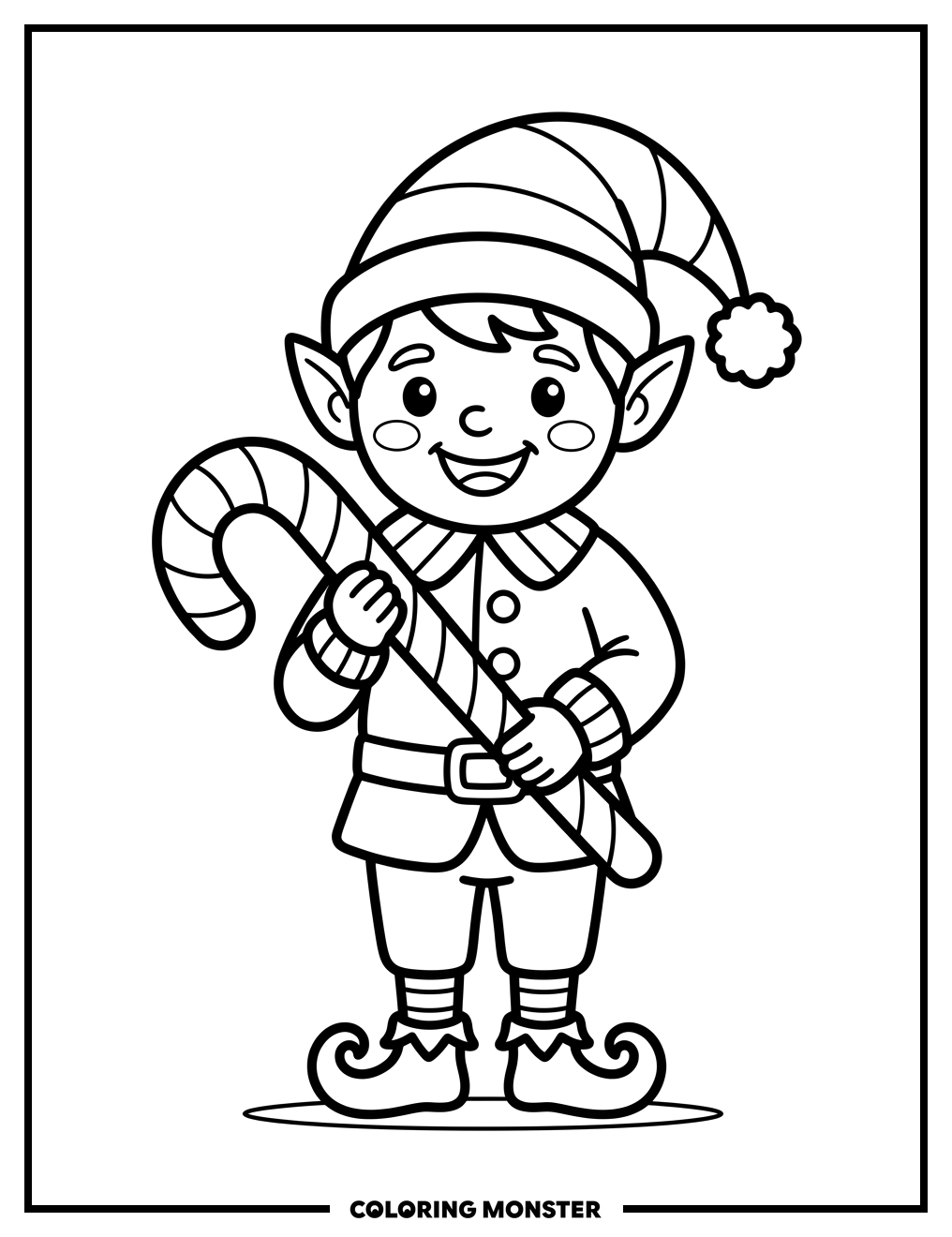 Elf With Candy Cane Coloring Page