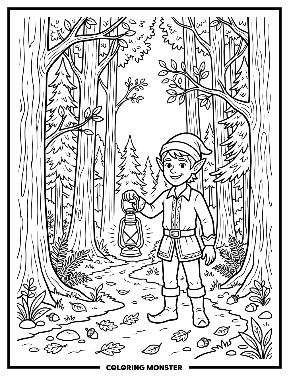 Elf With Lantern In Forest Coloring Page