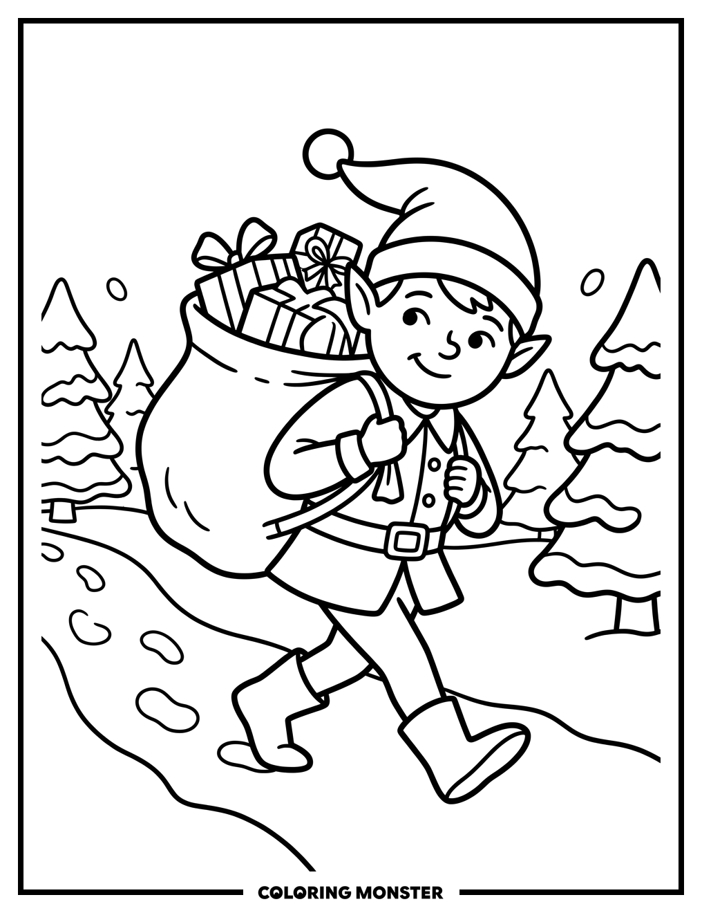 Elf With Overflowing Gift Bag Coloring Page