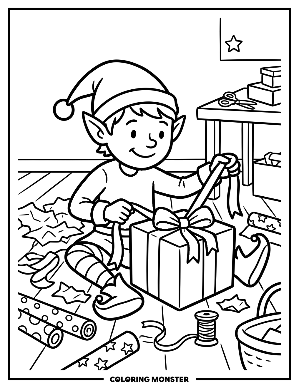 Elf Wrapping A Gift Coloring Page