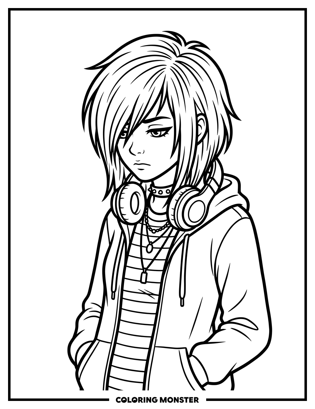 Emo Girl With Headphones Coloring Page