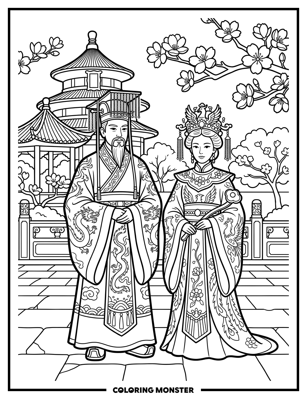 Emperor and Empress in Cherry Blossom Courtyard Coloring Page