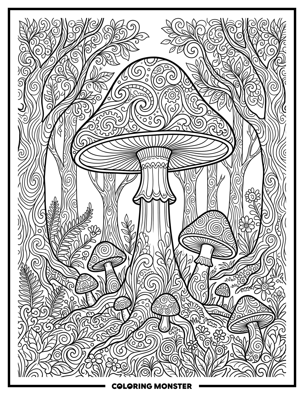 Enchanted Forest Mushroom Scene Coloring Page