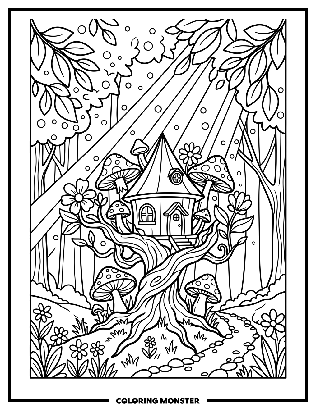 Enchanted Forest Treehouse Coloring Page