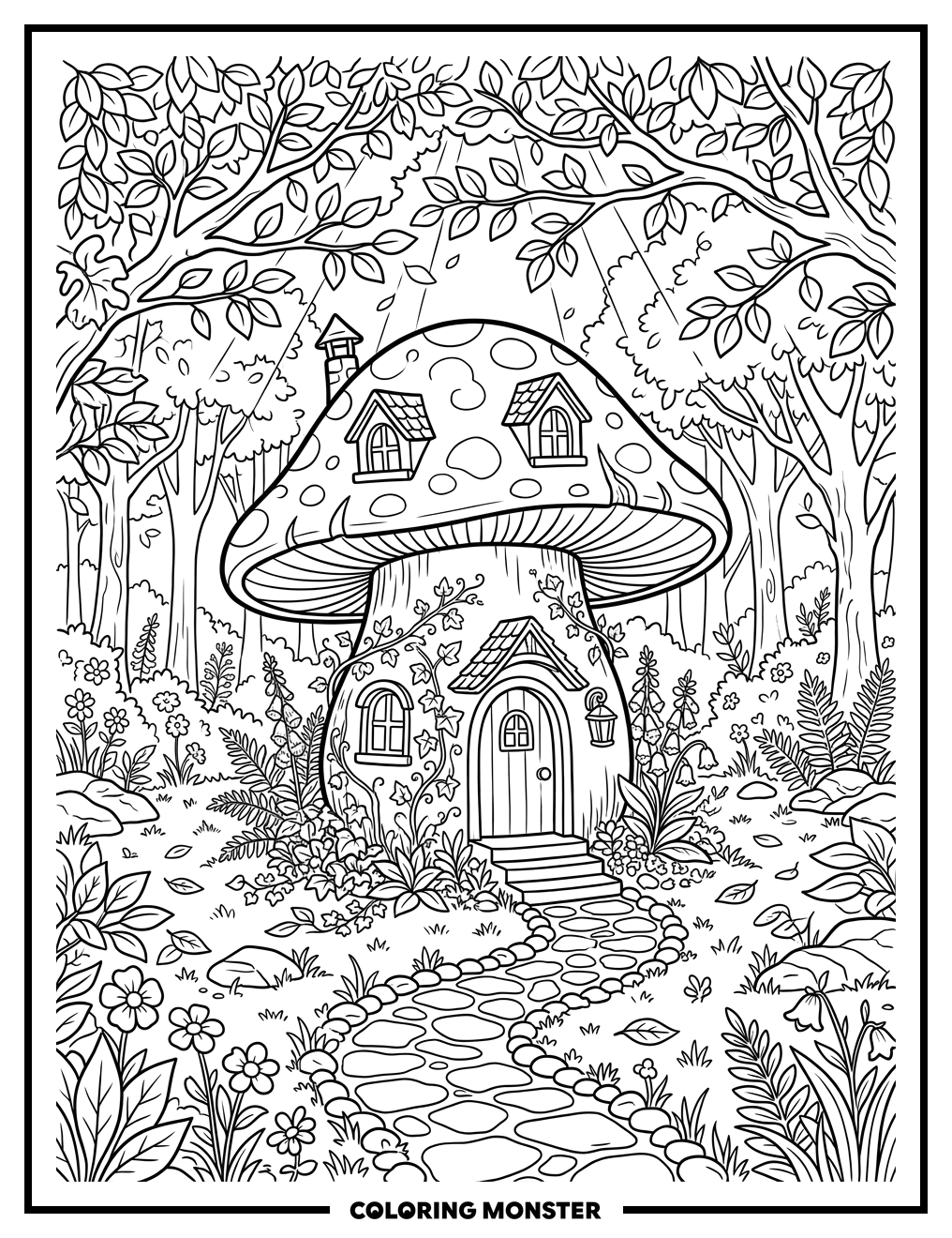 Enchanted Mushroom House in Forest Coloring Page
