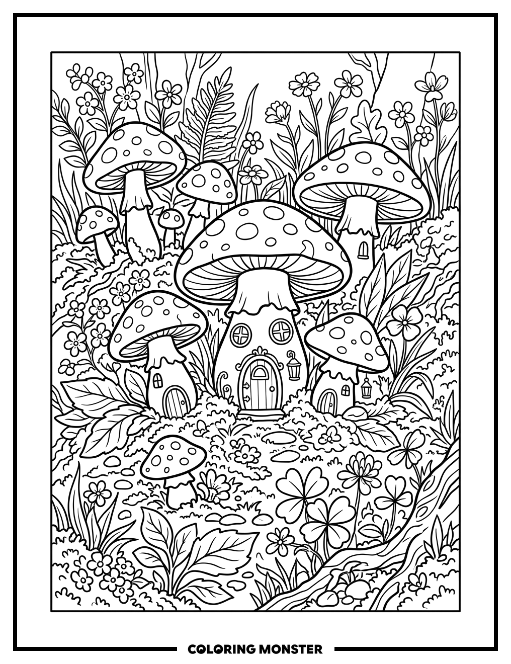 Enchanting Toadstool Fairy Village Coloring Page