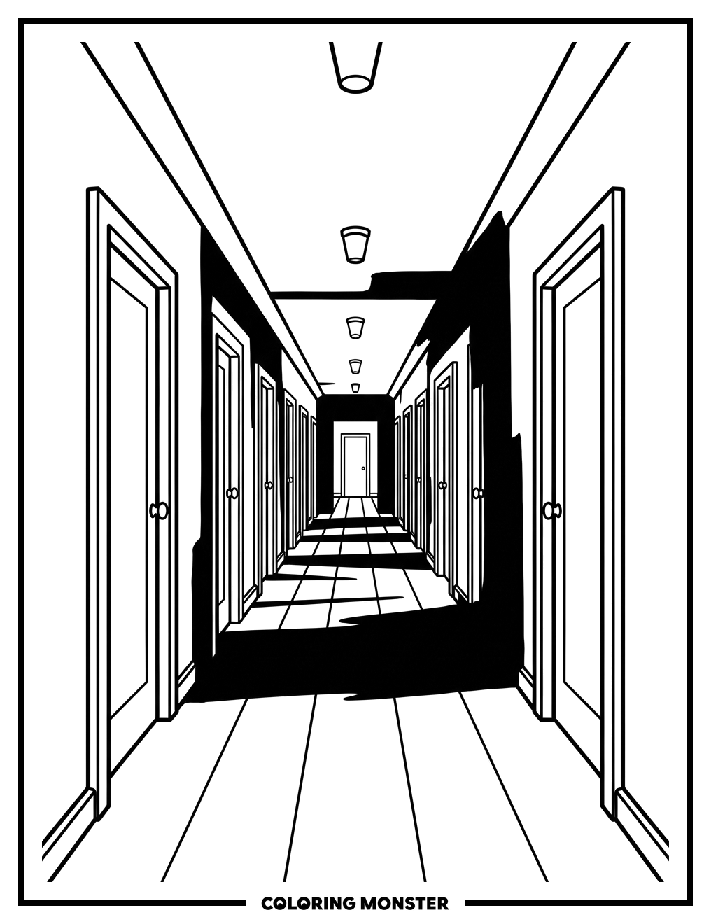 Endless Hallway With Identical Doors Coloring Page