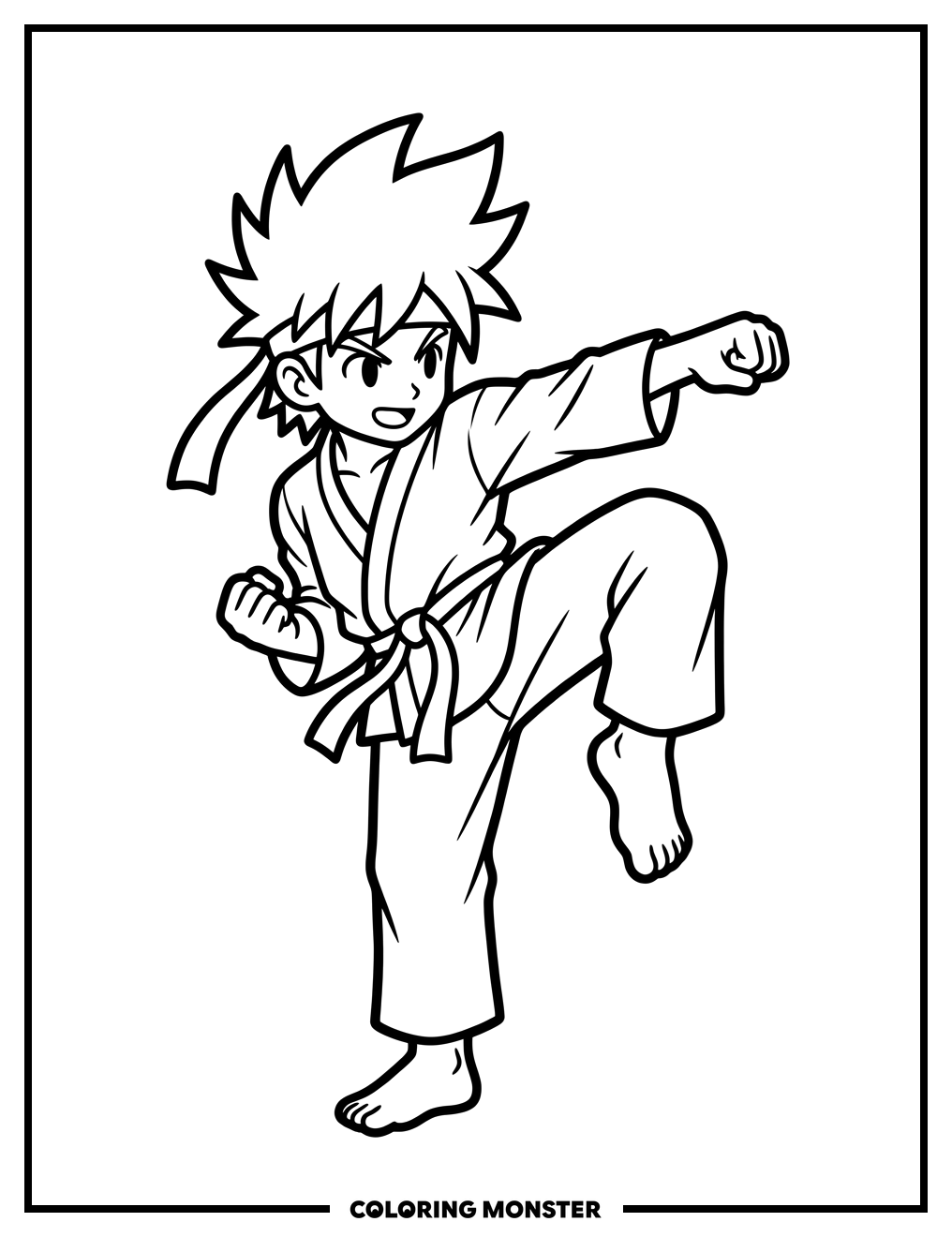 Energetic Anime Boy Karate Pose Coloring Page