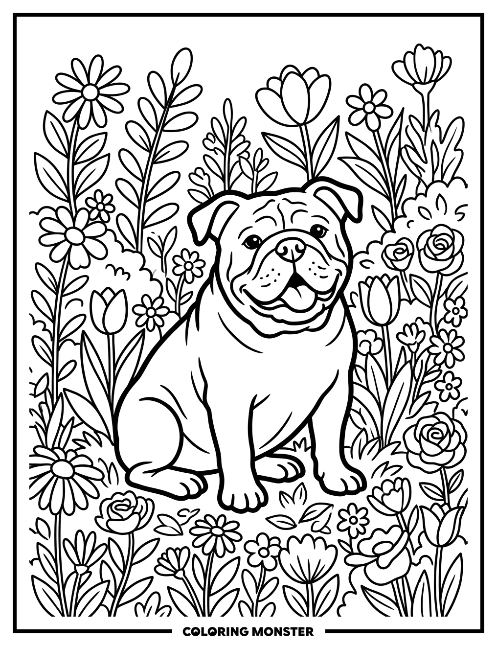 English Bulldog in a Flower Garden Coloring Page