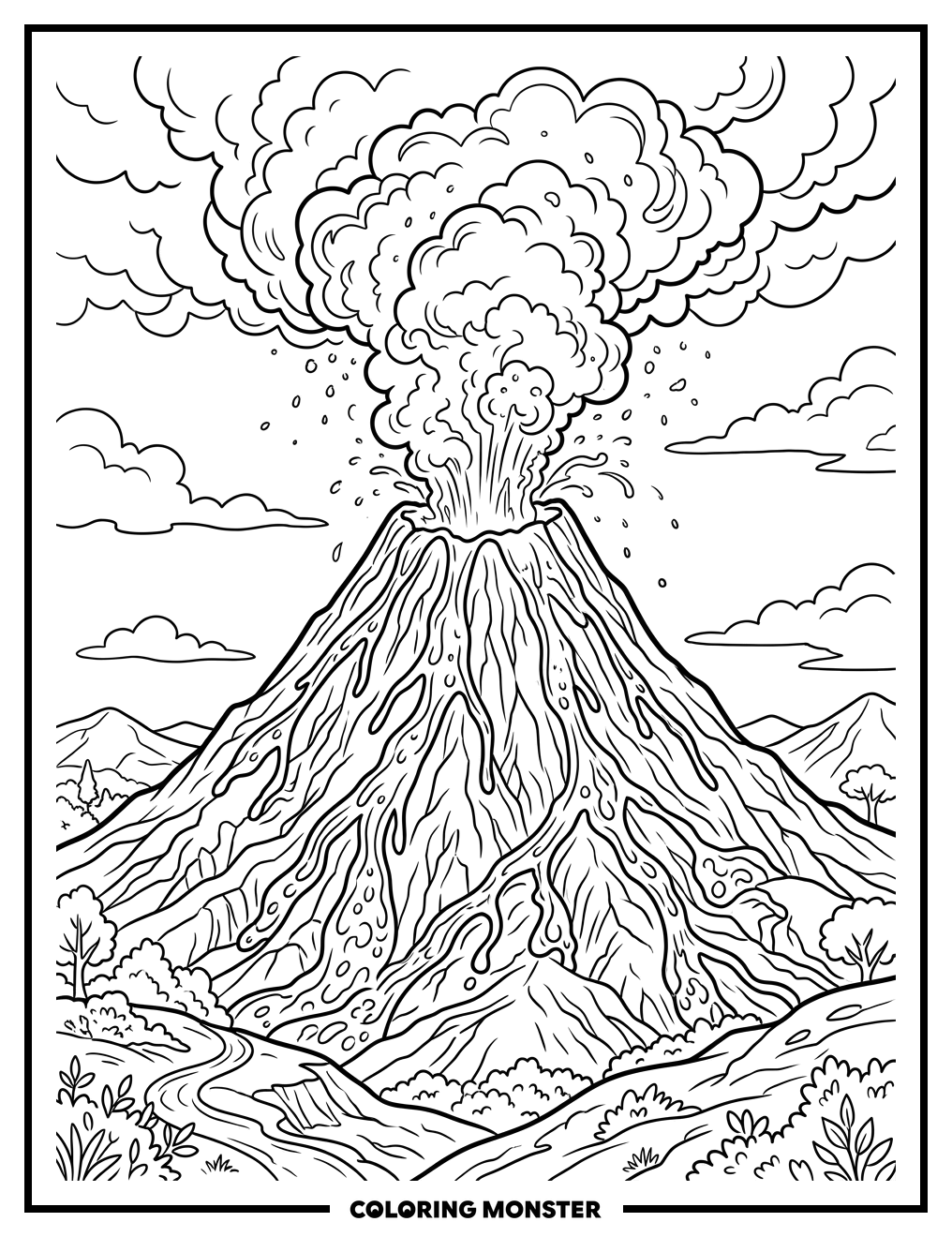 Erupting Volcano With Lava Flow Coloring Page
