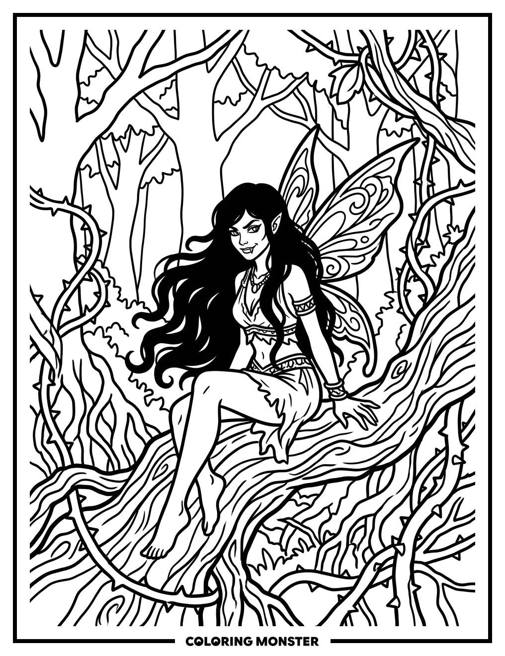 Evil Fairy in Shadowy Forest Coloring Page