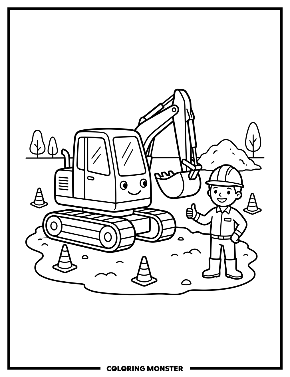 Excavator and Construction Worker Coloring Page