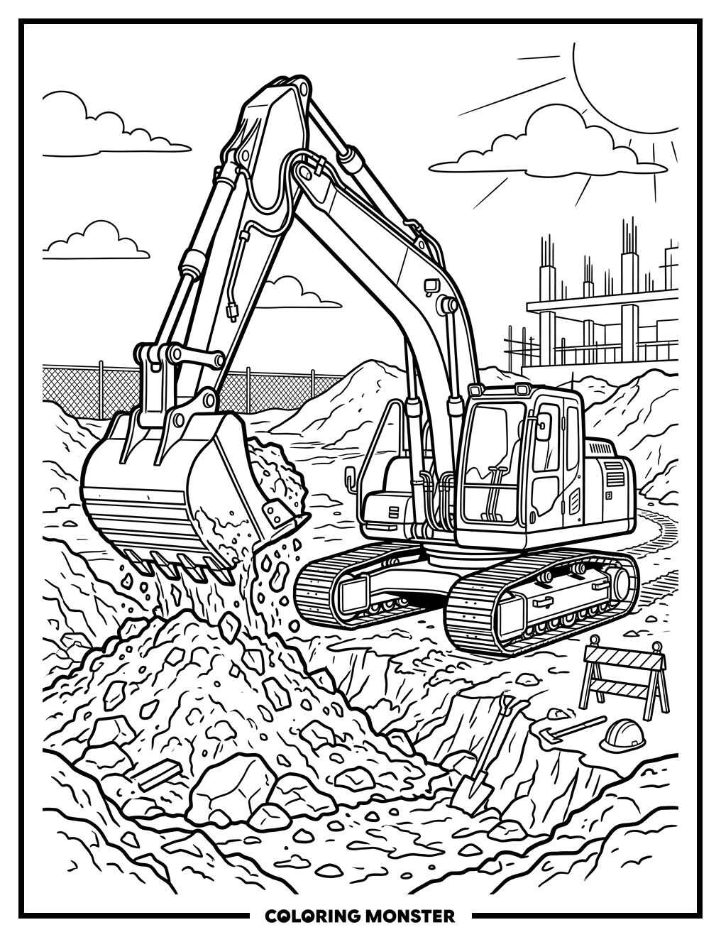 Excavator Digging Dirt Pile Coloring Page