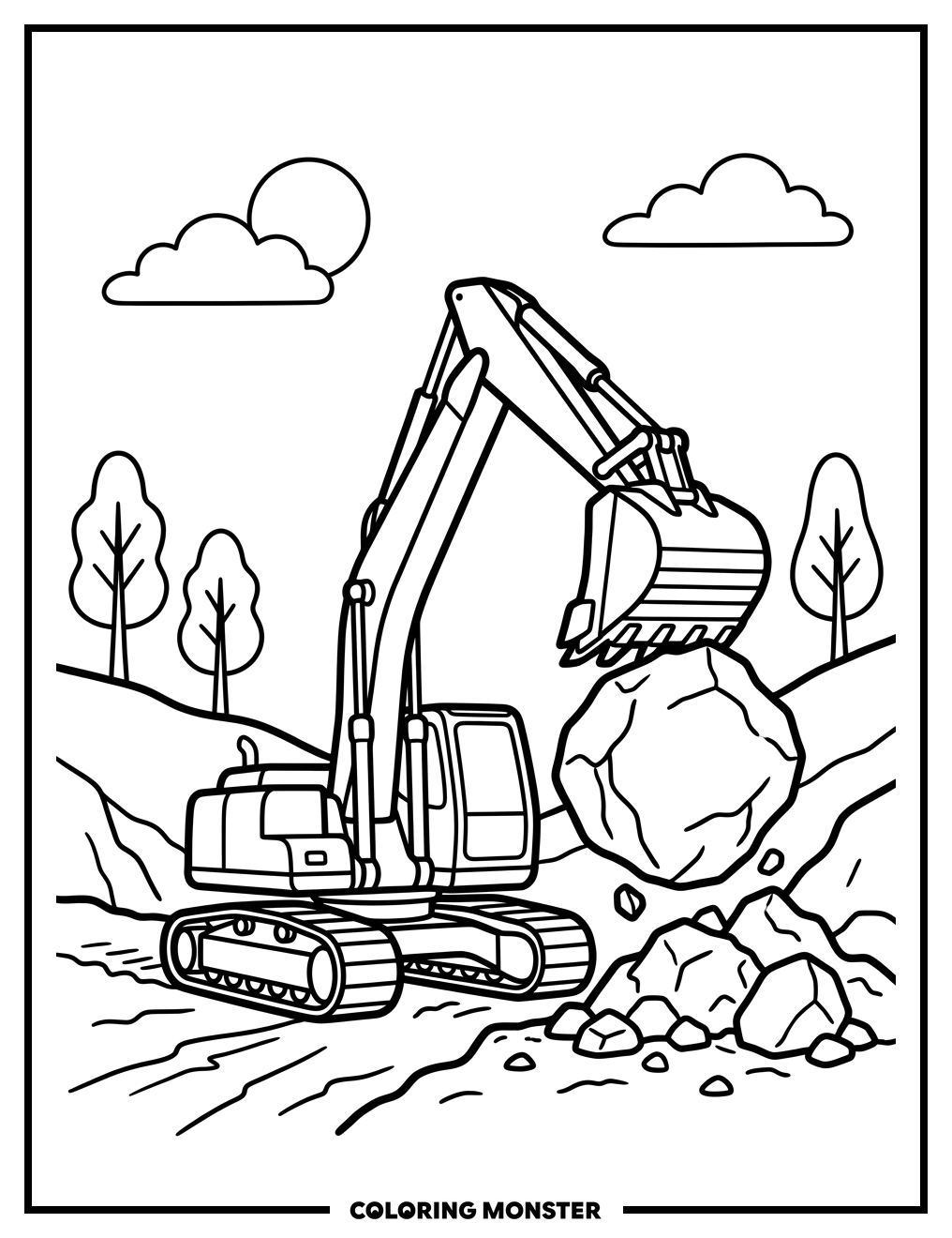 Excavator Truck Lifts Boulder Coloring Page