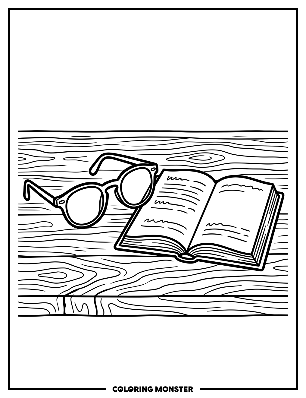 Eyeglasses and Open Book on Table Coloring Page