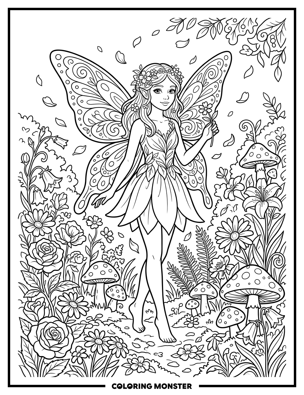 Fairy Among Flowers and Butterflies Coloring Page
