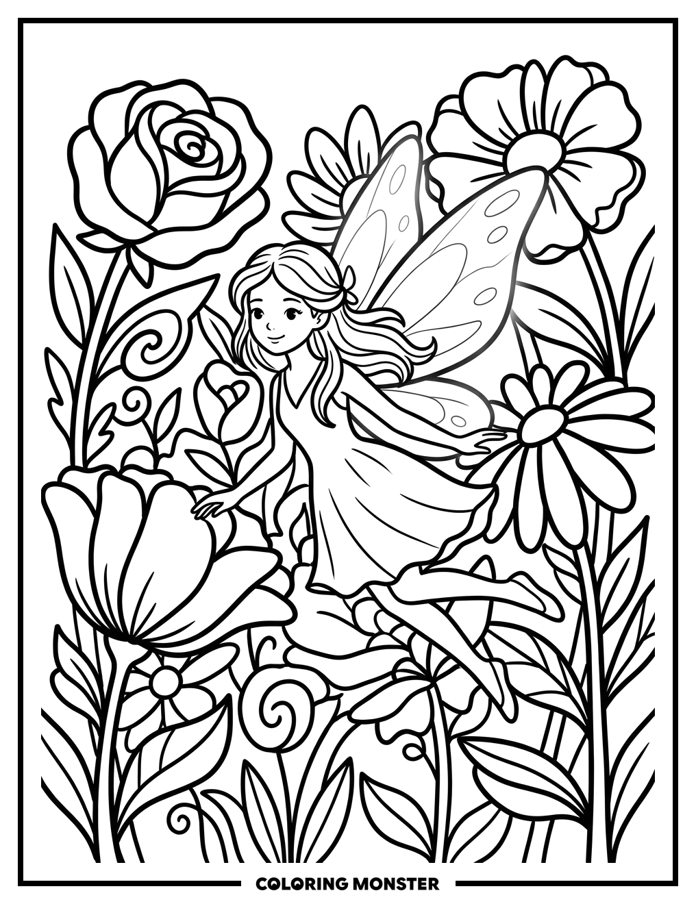 Fairy Among Giant Flowers Coloring Page