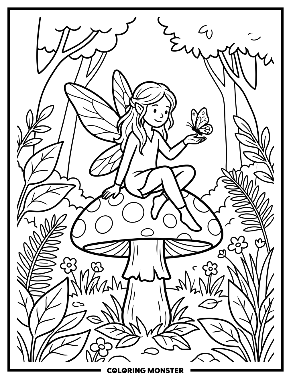 Fairy and Butterfly on Mushroom Coloring Page
