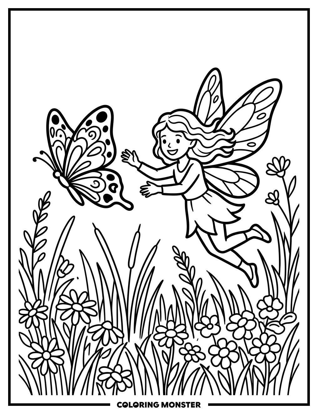 Fairy Chasing Butterfly Coloring Page