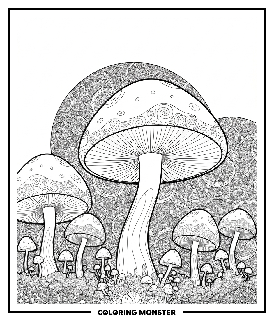 Fairy Garden With Giant Mushrooms Coloring Page