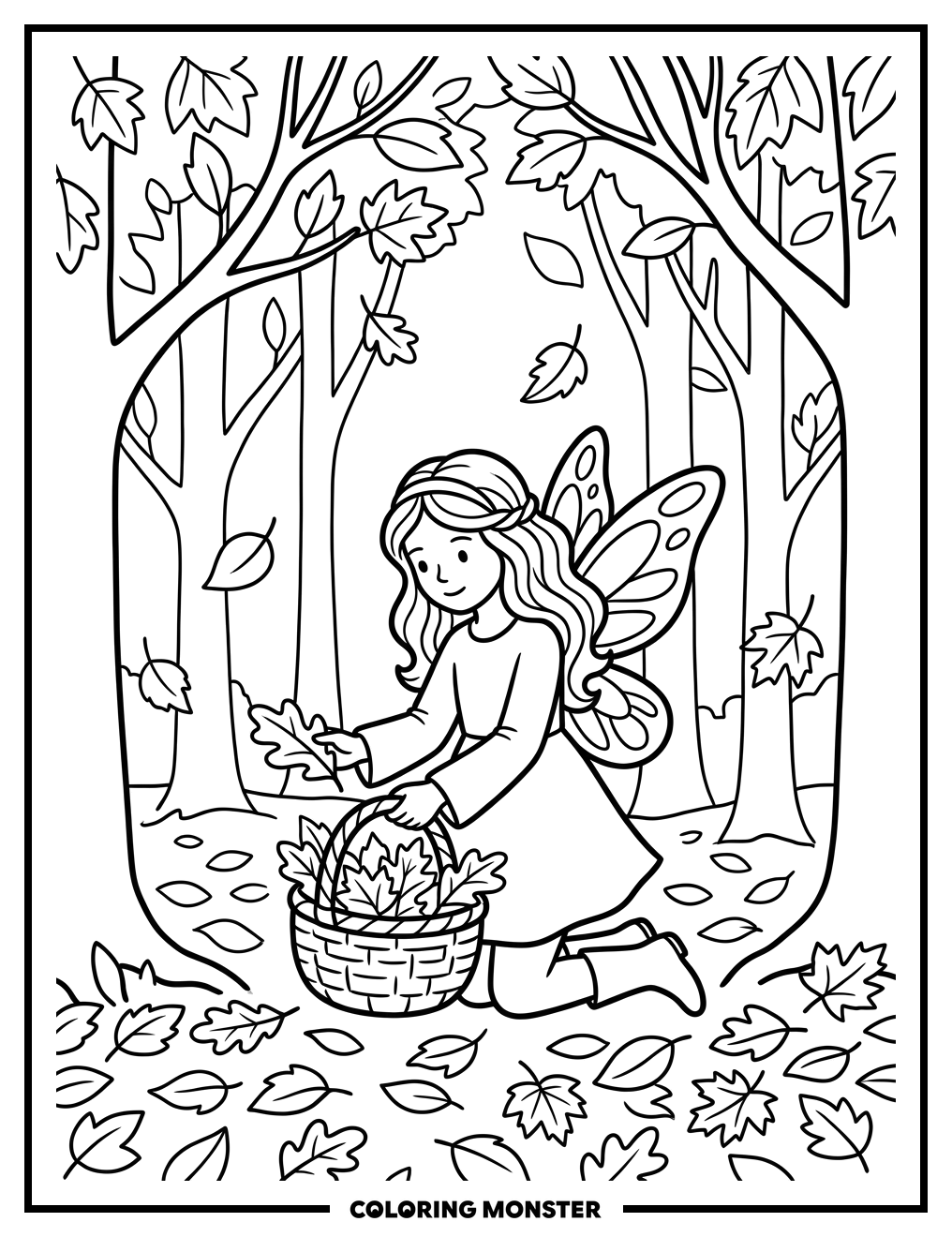 Fairy Gathering Autumn Leaves Coloring Page