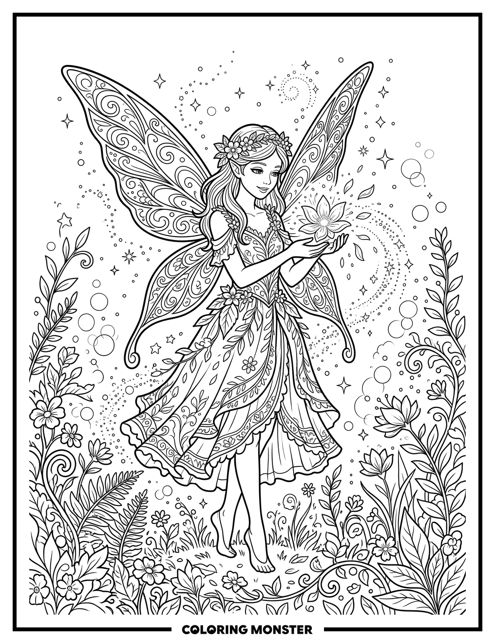Fairy Holding a Glowing Flower Coloring Page