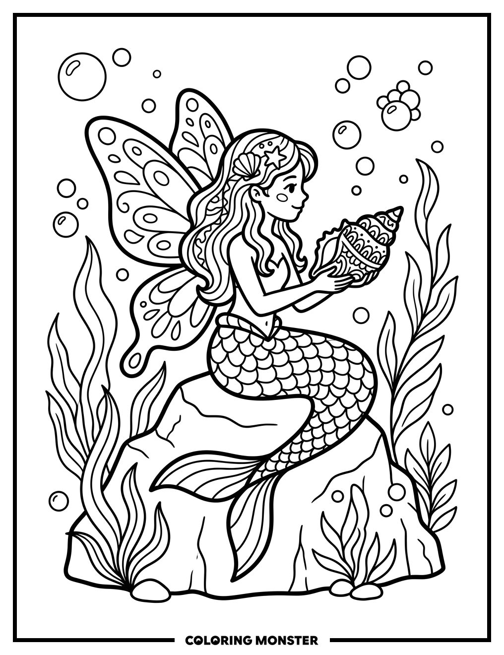Fairy Mermaid on a Rock Coloring Page
