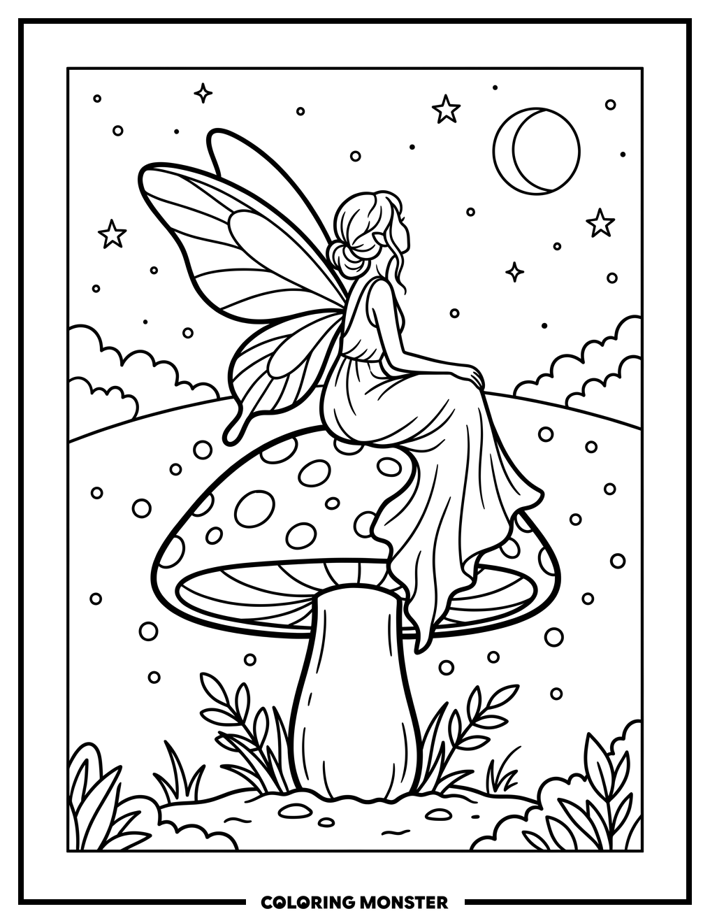 Fairy On A Glowing Mushroom Coloring Page