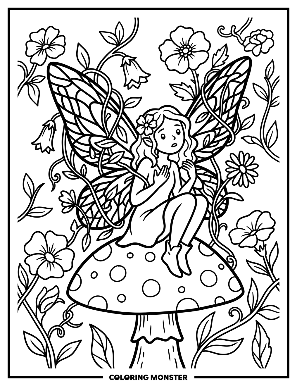 Fairy Perched On A Mushroom Coloring Page