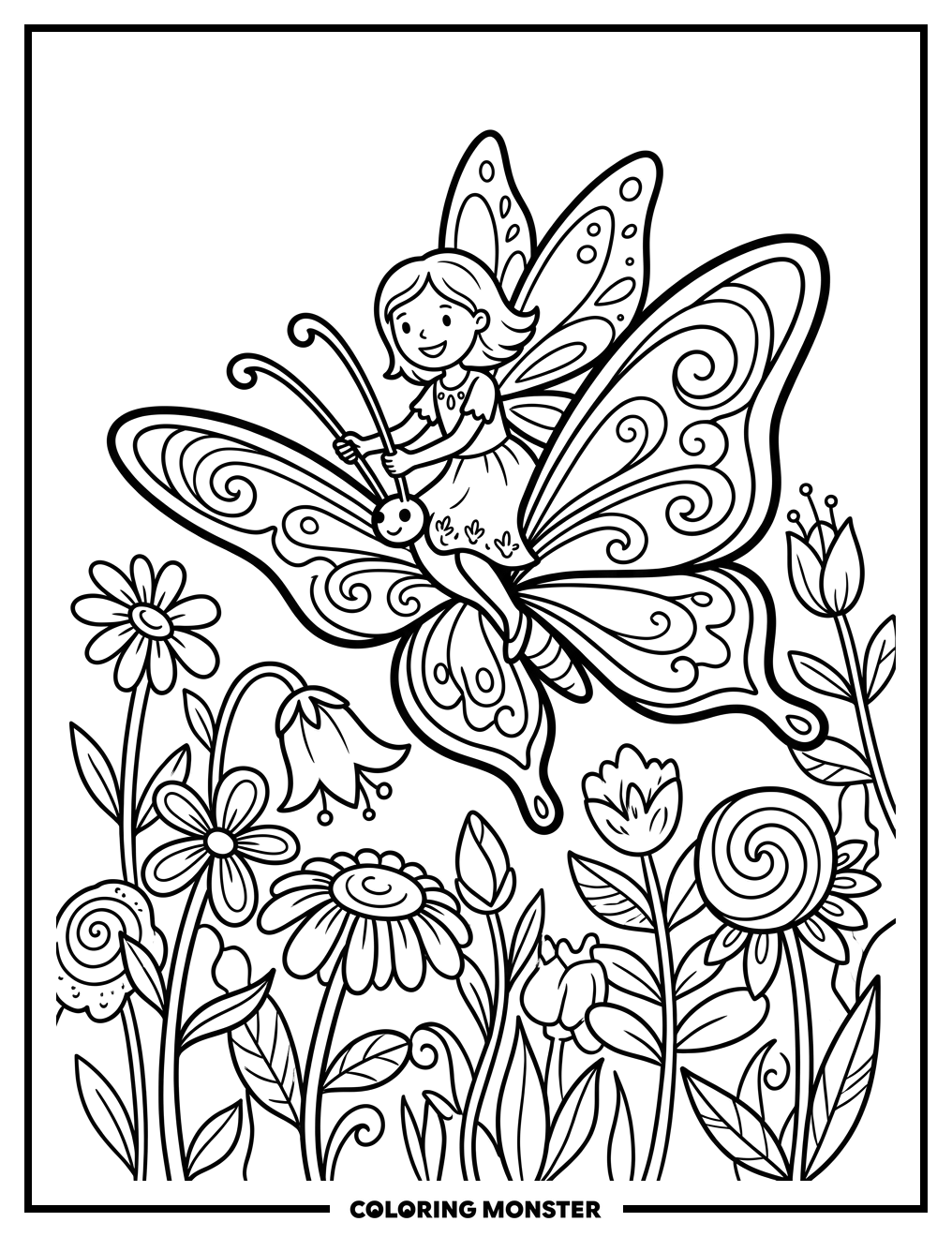 Fairy Princess Riding A Butterfly Coloring Page