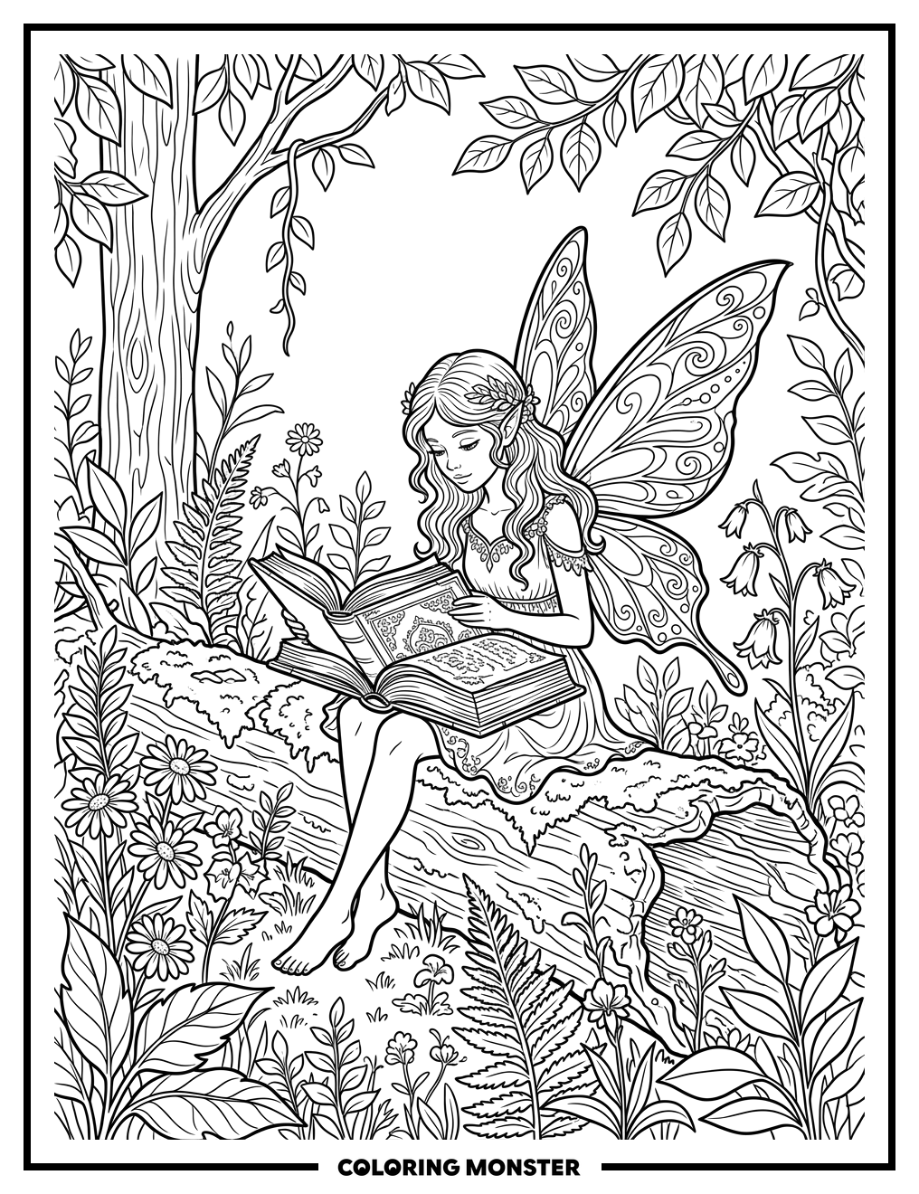 Fairy Reading on Mossy Log Coloring Page