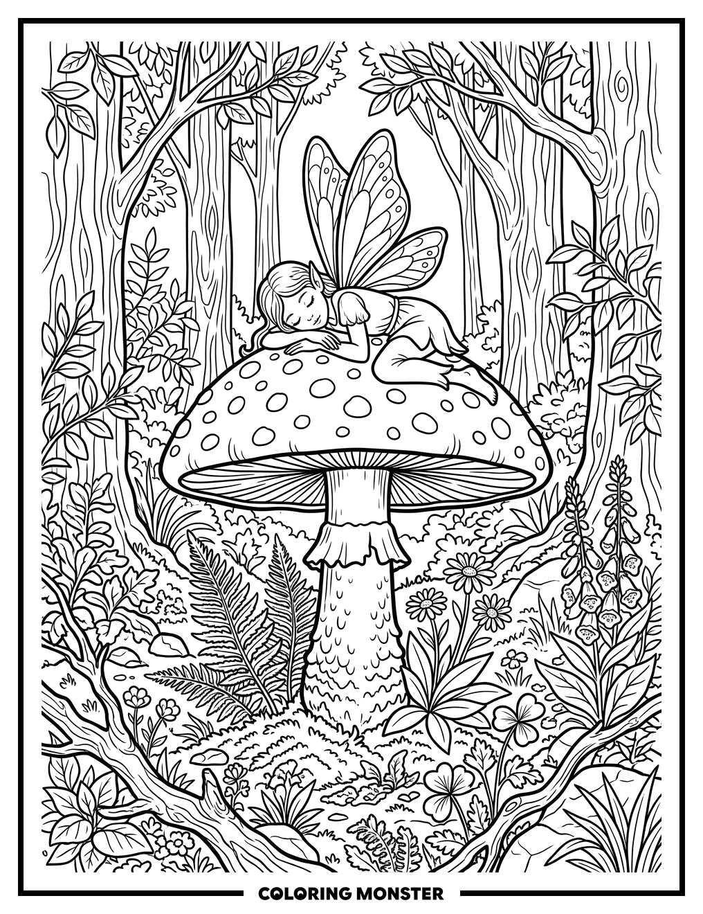 Fairy Resting on Spotted Mushroom Coloring Page