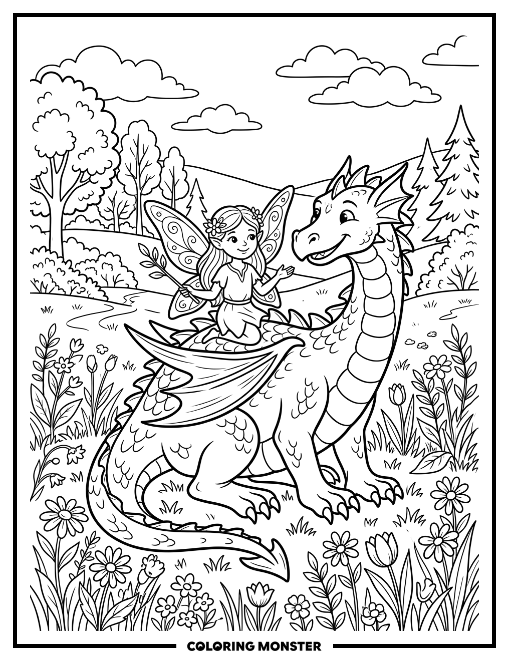 Fairy Rides a Friendly Dragon Coloring Page
