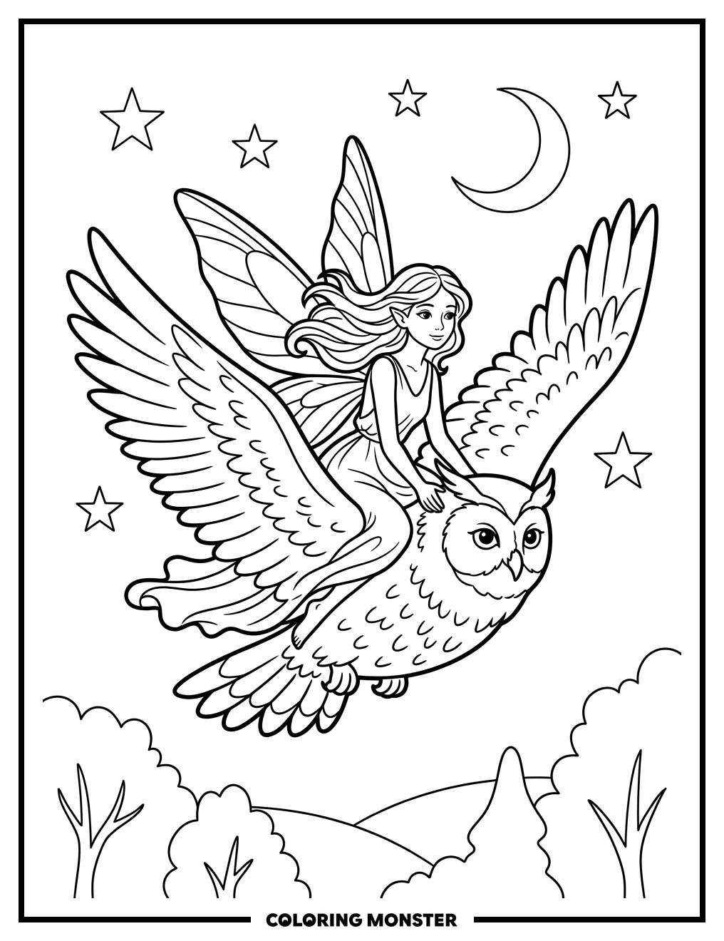 Fairy Riding an Owl at Twilight Coloring Page