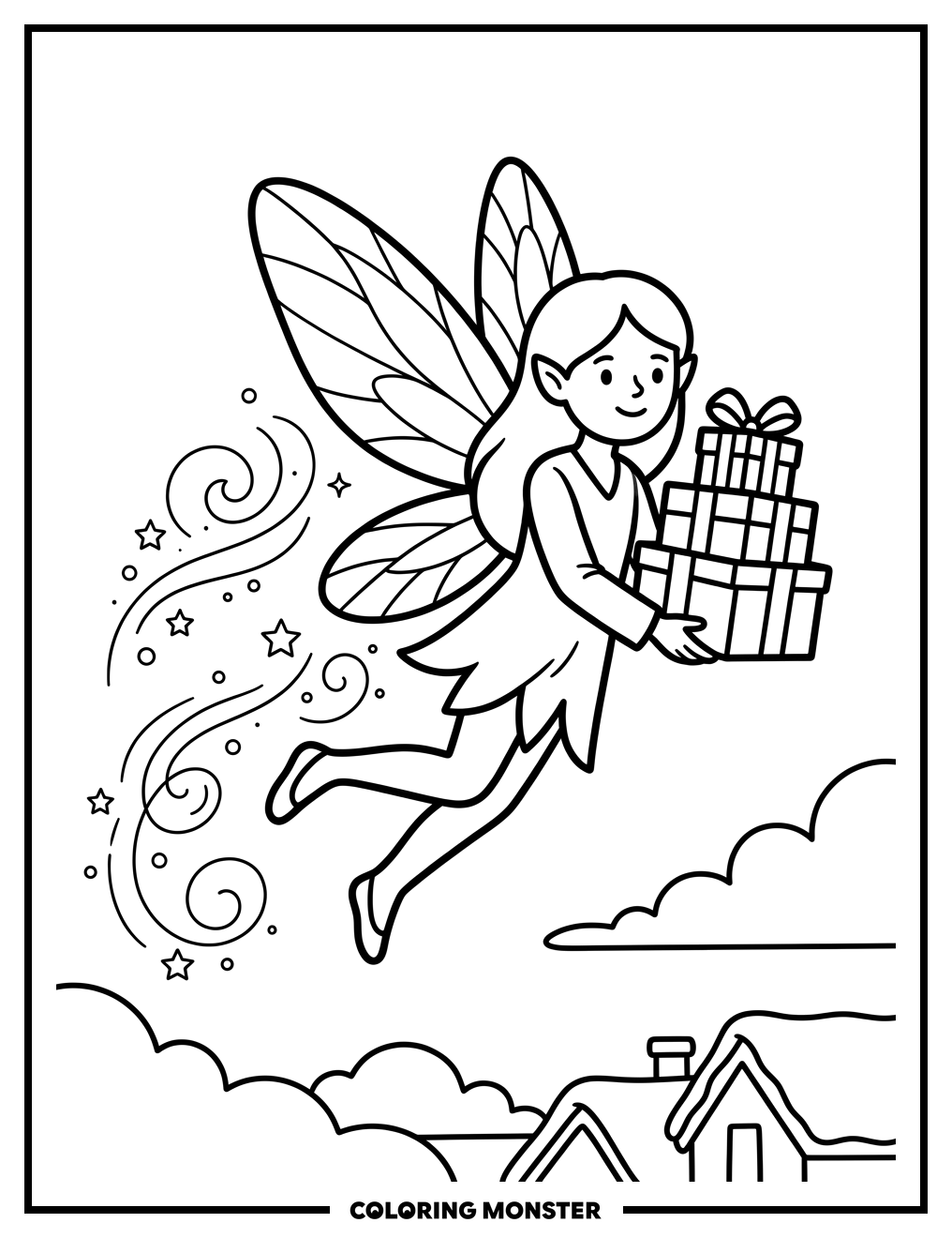 Fairy With Christmas Presents Coloring Page