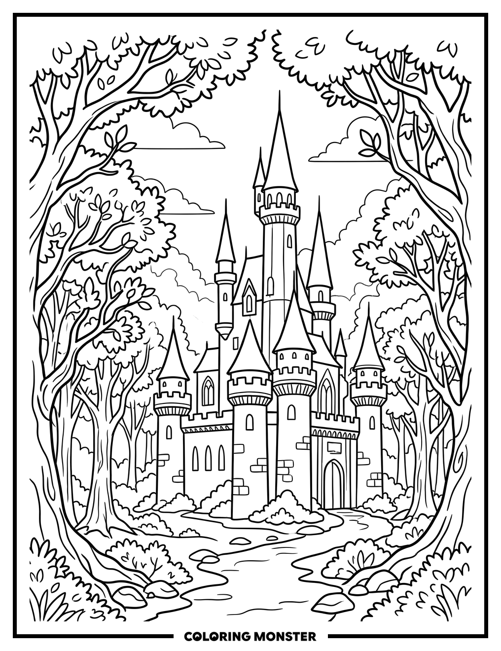 Fairytale Castle in Misty Forest Coloring Page