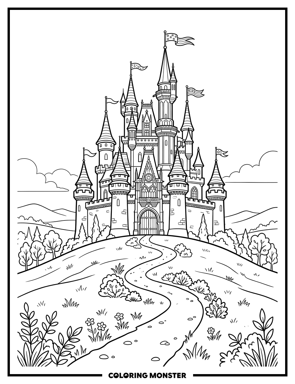 Fairytale Castle on a Hill Coloring Page