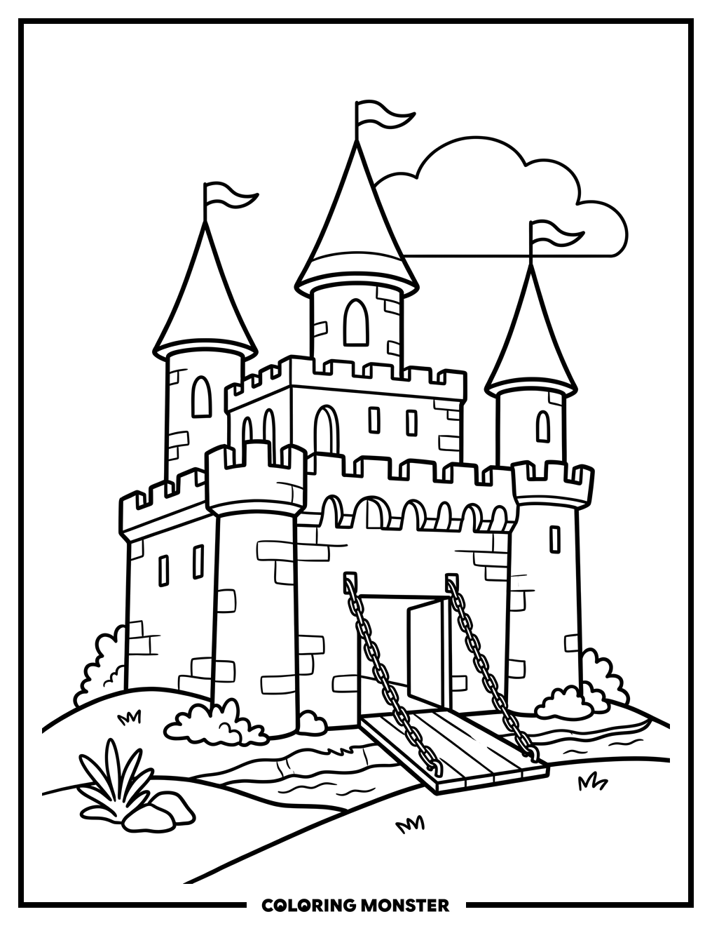 Fairytale Castle with Turrets and Flags Coloring Page
