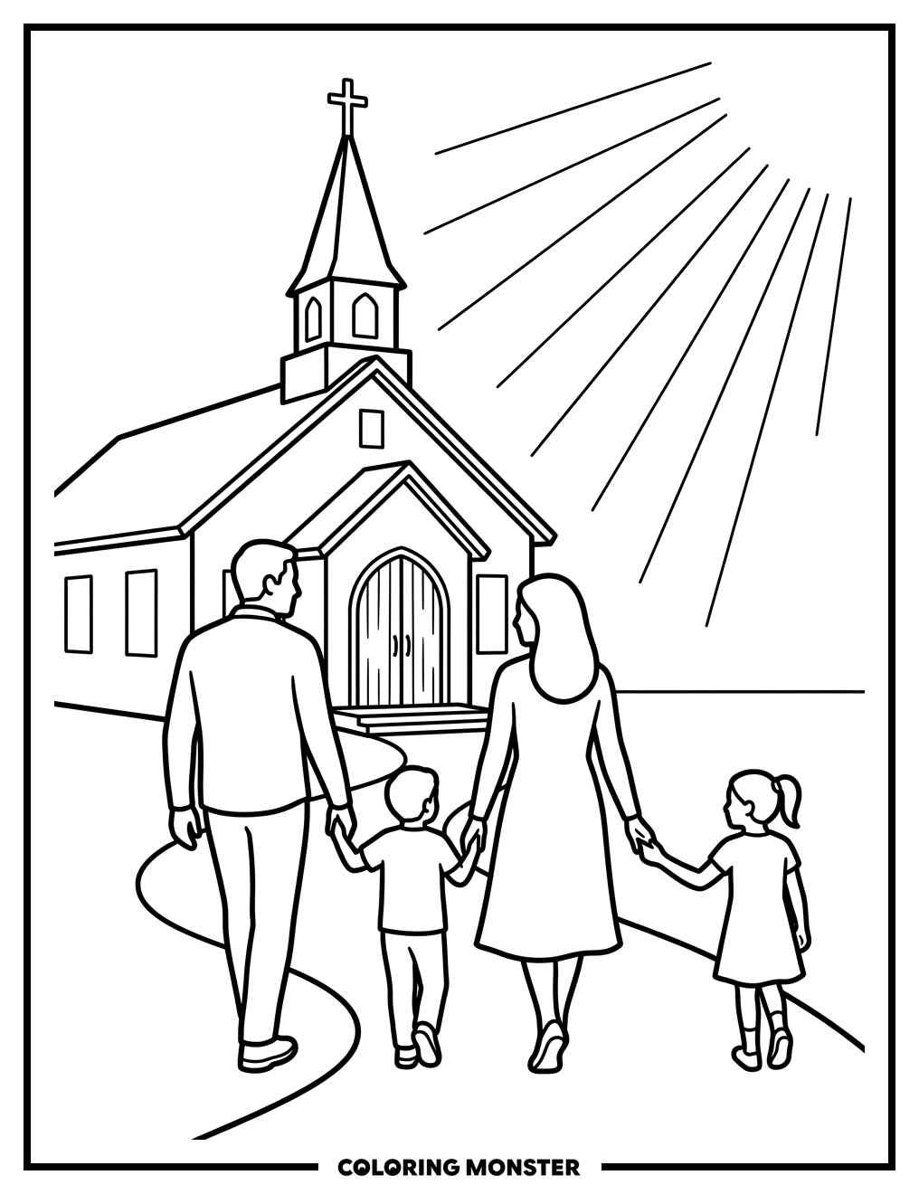 Family Approaches Church Doors Coloring Page