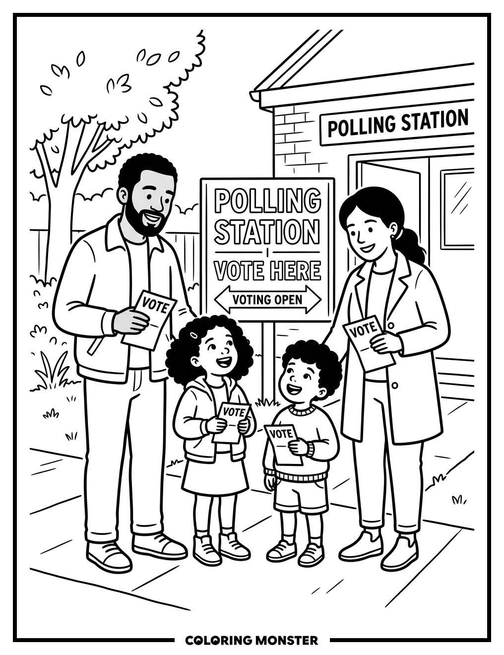 Family Arrives To Vote Coloring Page
