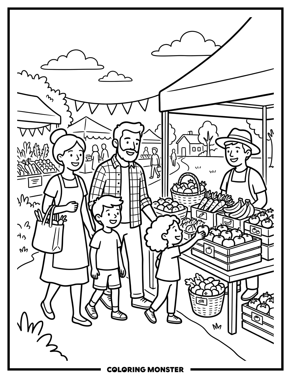 Family at a Farmer's Market Coloring Page
