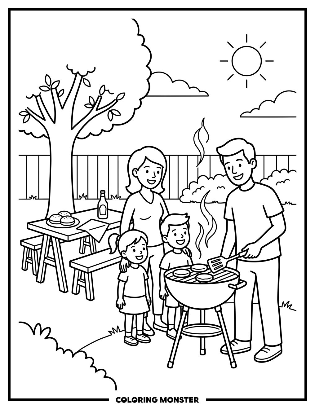 Family Barbecue In The Backyard Coloring Page
