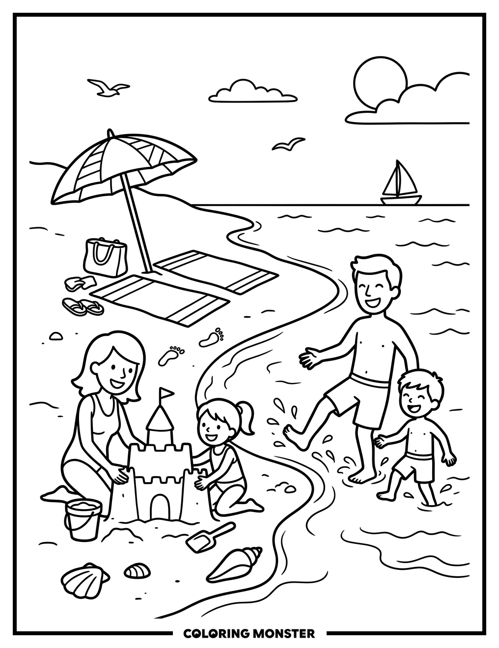 Family Beach Day Fun Coloring Page